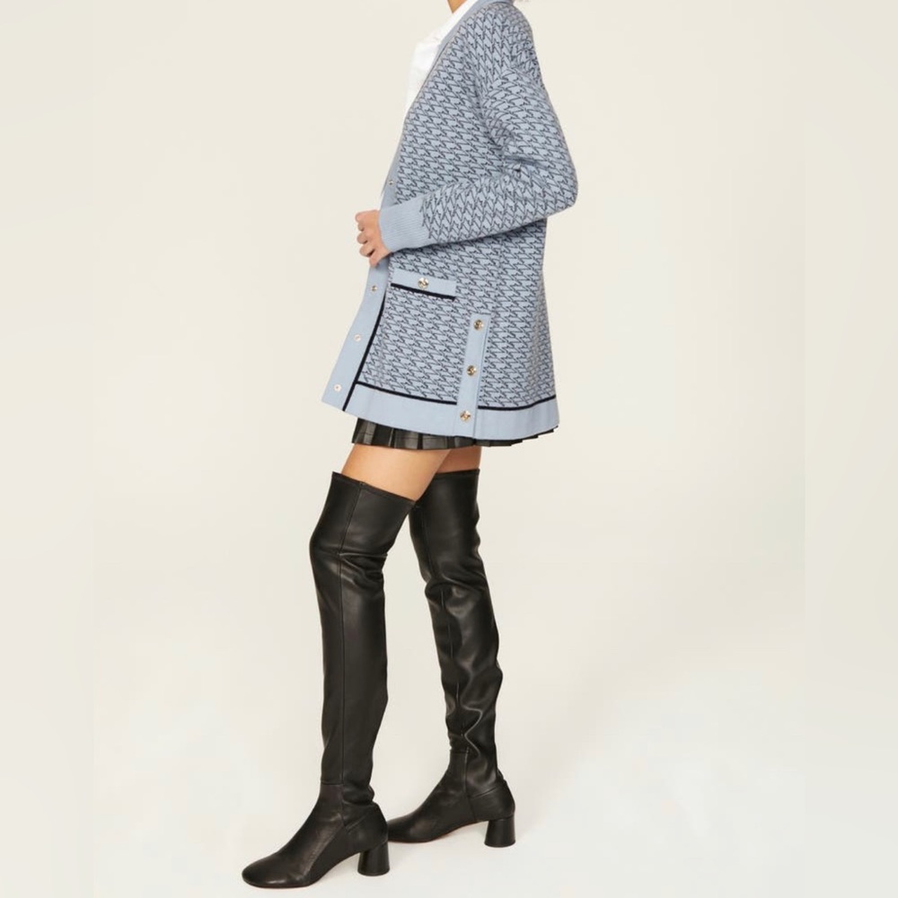 Sandro Light Blue Patterned Knit Cardigan with Black Trim - Picture 4 of 9